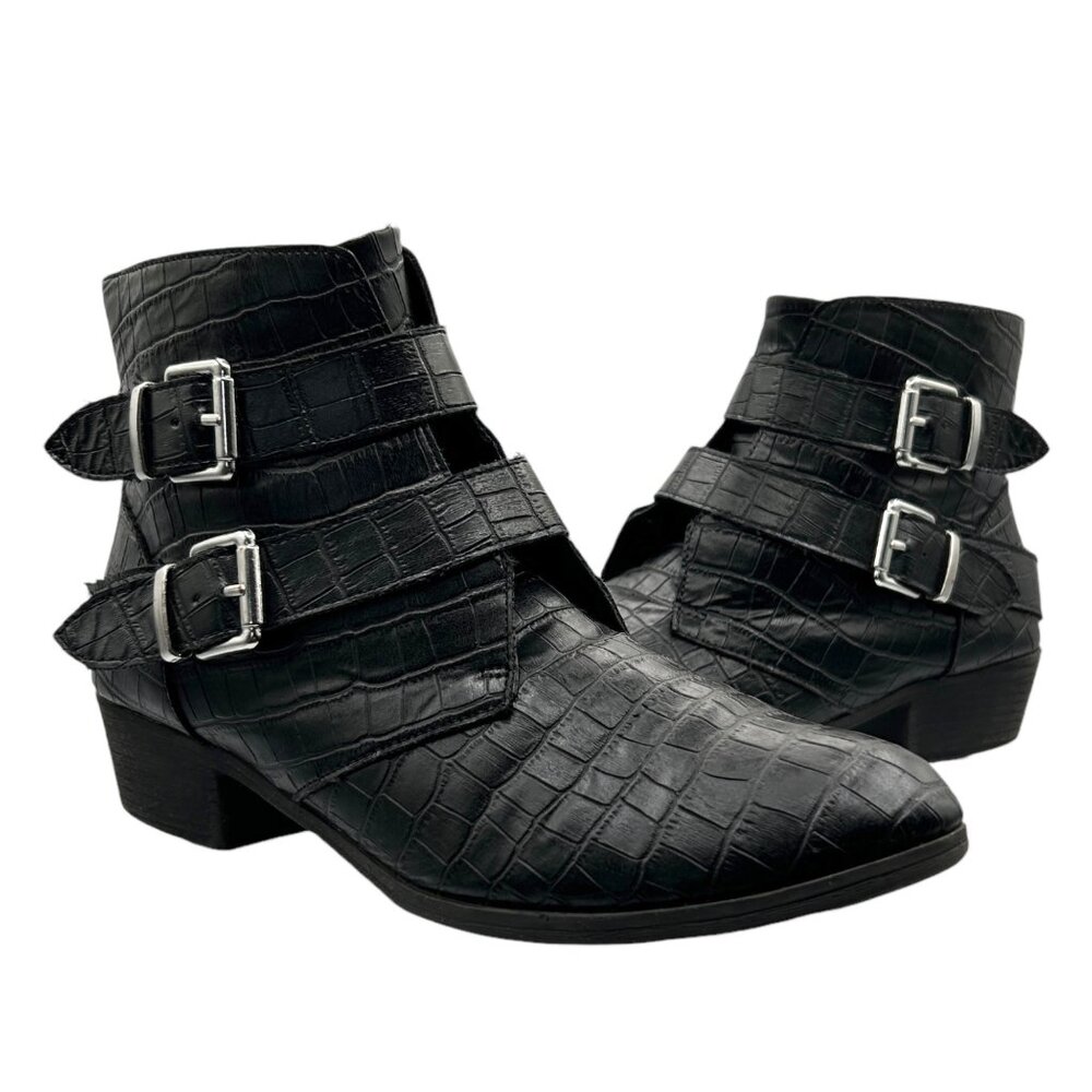 a.n.a. Afra Motorcycle Black Faux Croc Embossed Grunge‎ Biker Ankle Boots (9M)